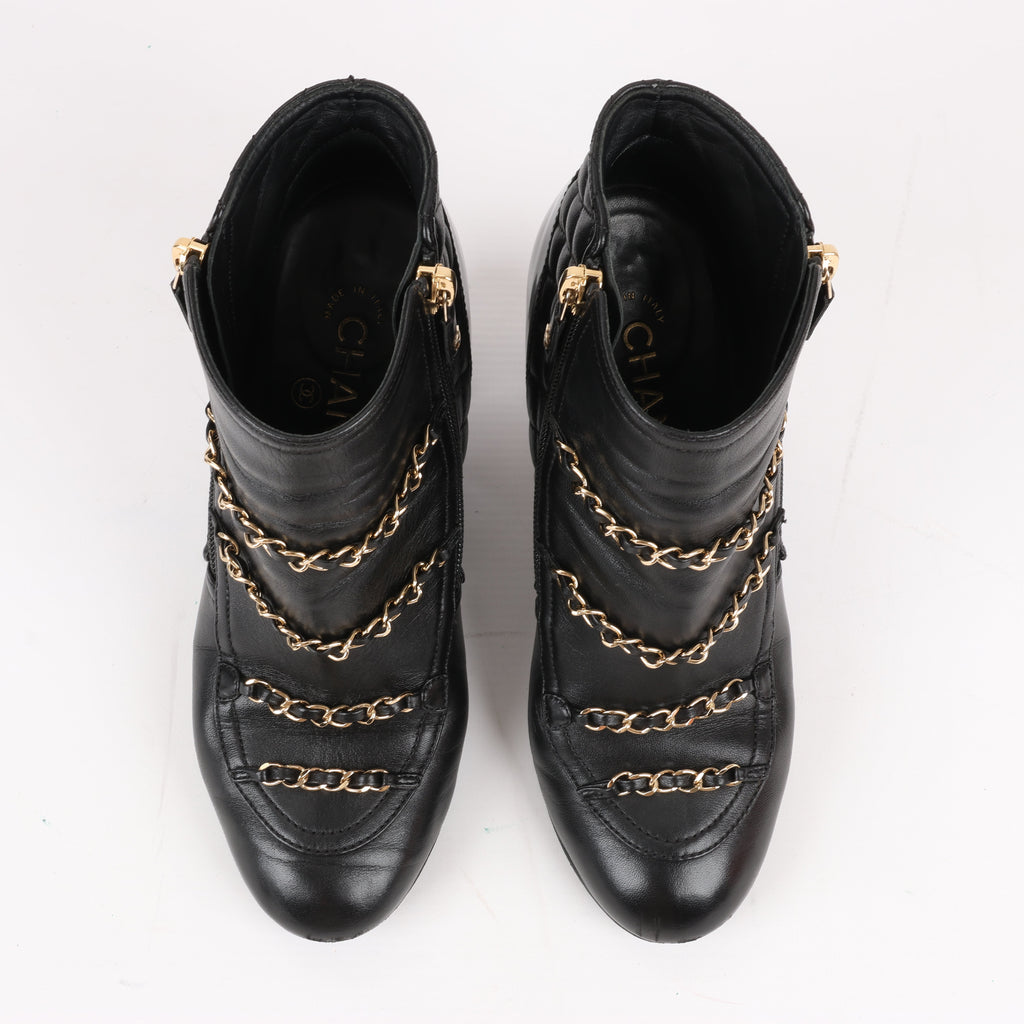 CHANEL Coco Mark Matelasse Leather & Patent Short Boots in Black G33028, Size 38 EU