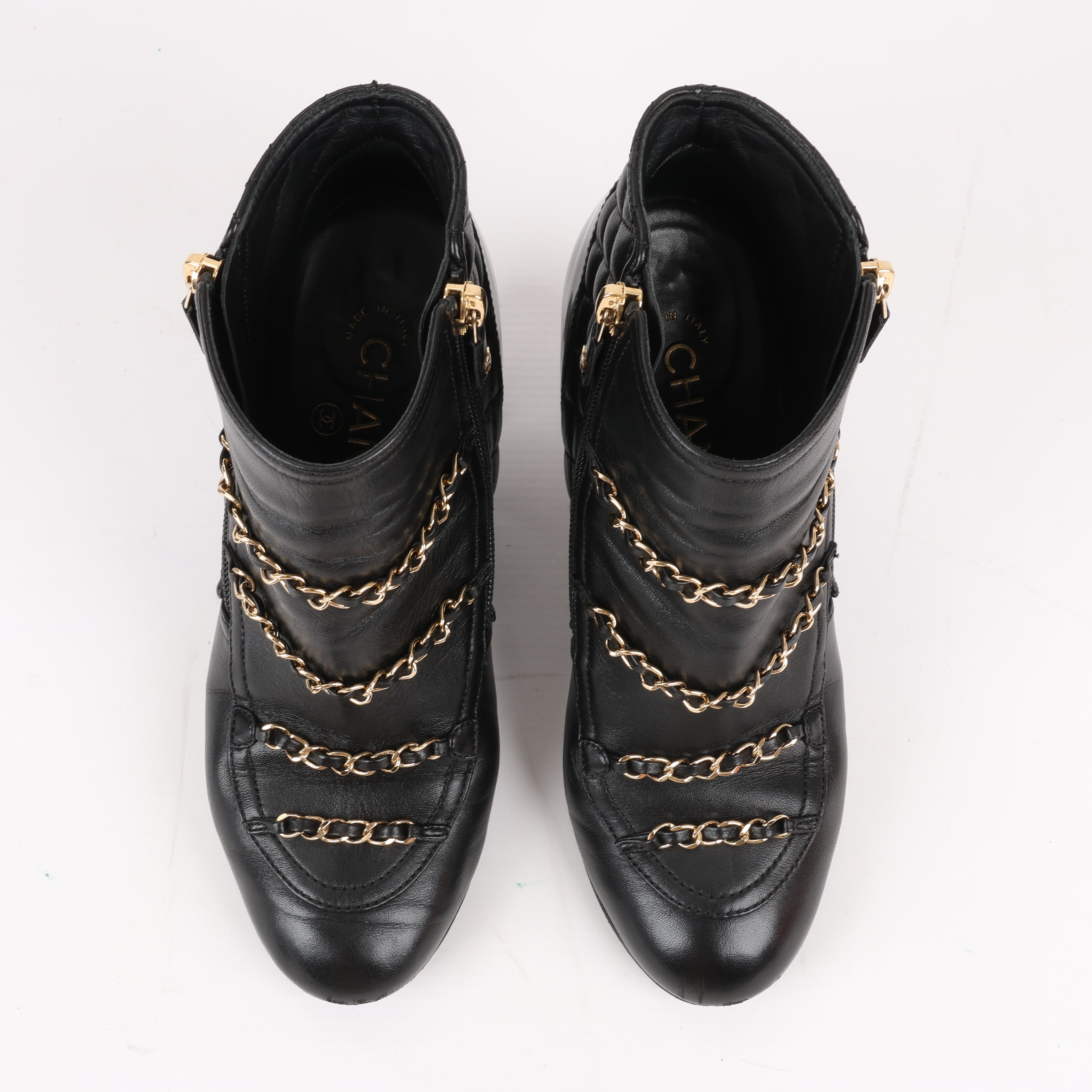 CHANEL Coco Mark Matelasse Leather & Patent Short Boots in Black G33028, Size 38 EU