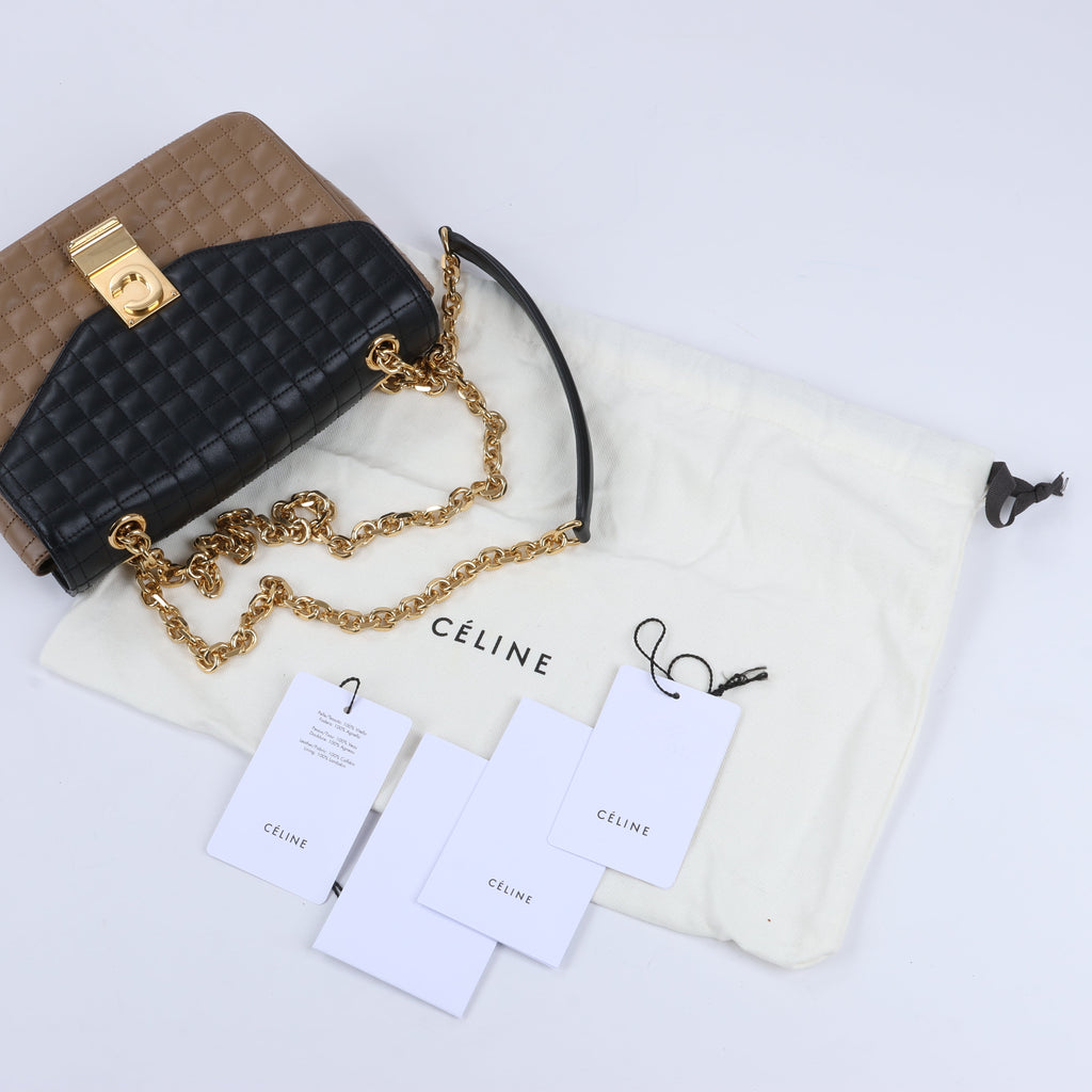 Celine C Sées Medium Leather Chain Shoulder Bag Black × Brown