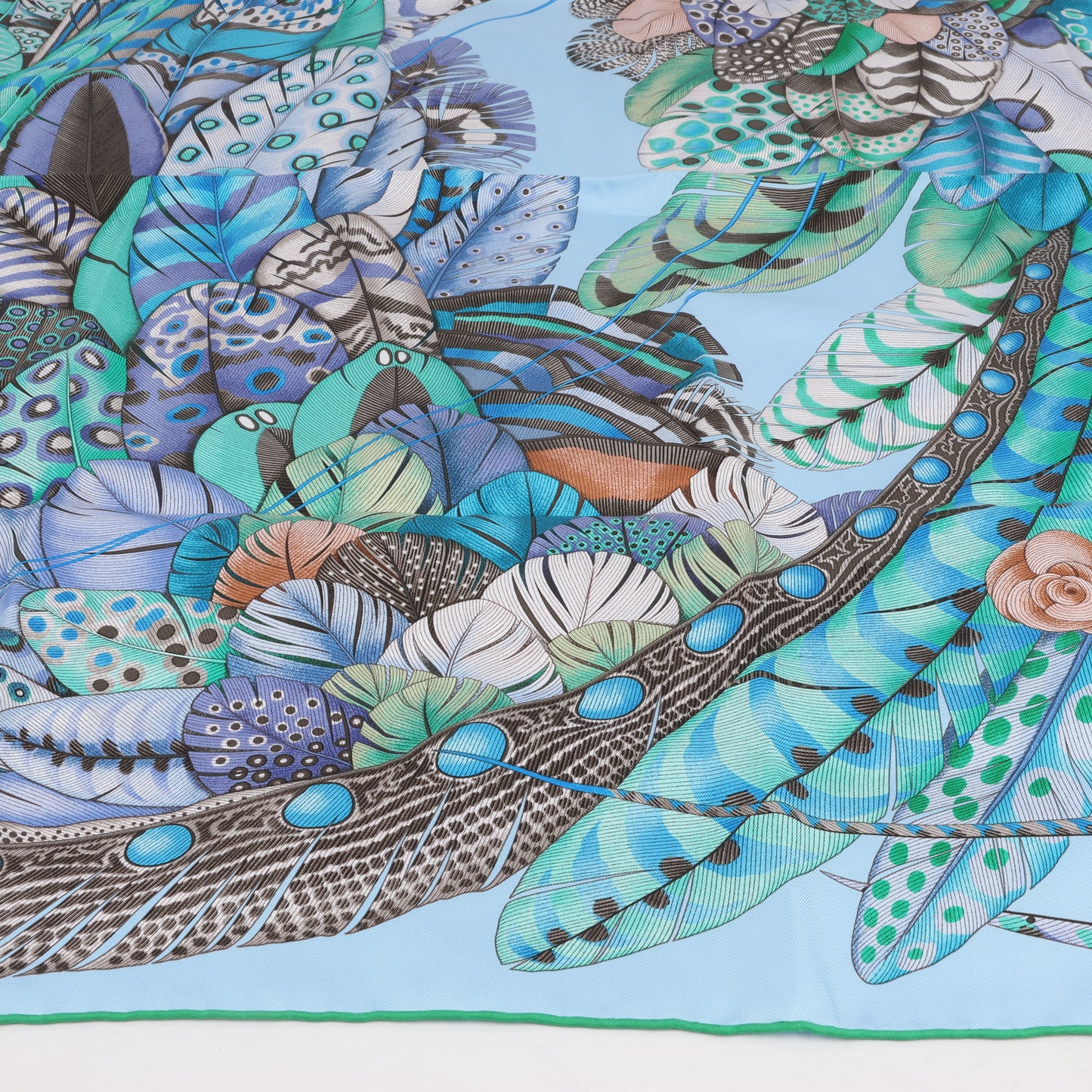 Hermès Carré 90 "PLUMES EN FETE" 100% Silk Scarf in Blue