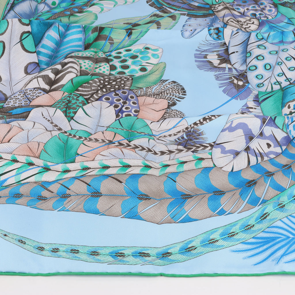 Hermès Carré 90 "PLUMES EN FETE" 100% Silk Scarf in Blue