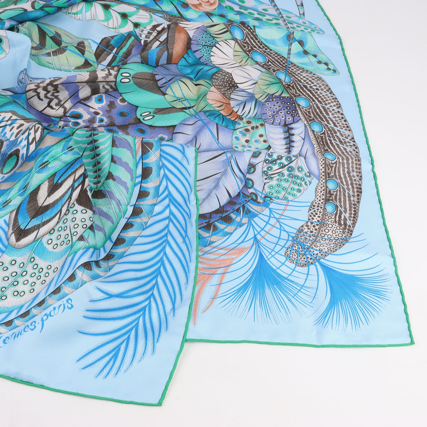 Hermès Carré 90 "PLUMES EN FETE" 100% Silk Scarf in Blue