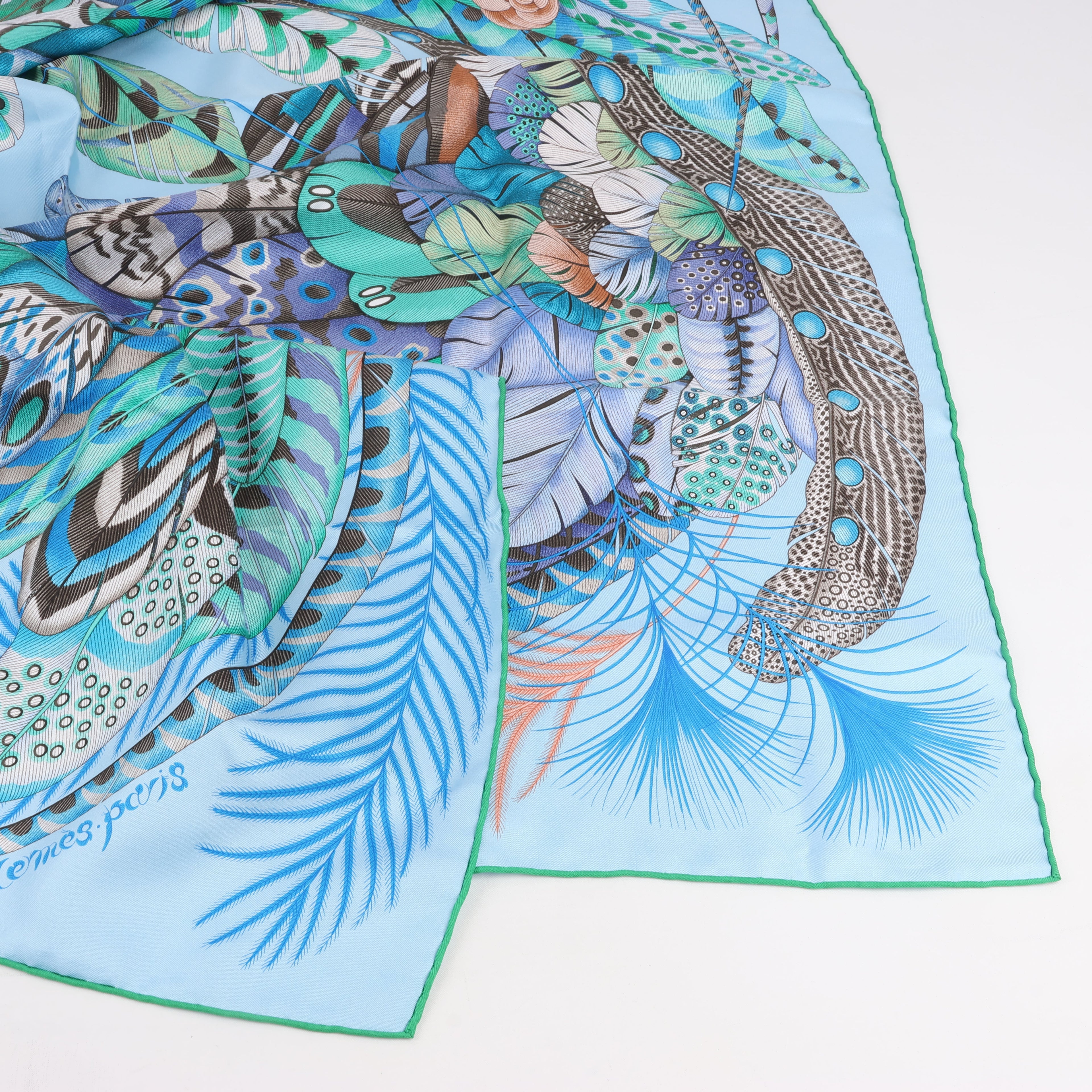 Hermès Carré 90 "PLUMES EN FETE" 100% Silk Scarf in Blue
