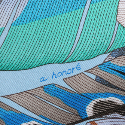 Hermès Carré 90 "PLUMES EN FETE" Foulard 100% Soie en Bleu