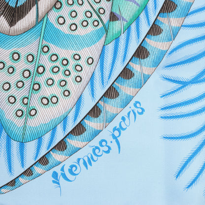 Hermès Carré 90 "PLUMES EN FETE" 100% Silk Scarf in Blue