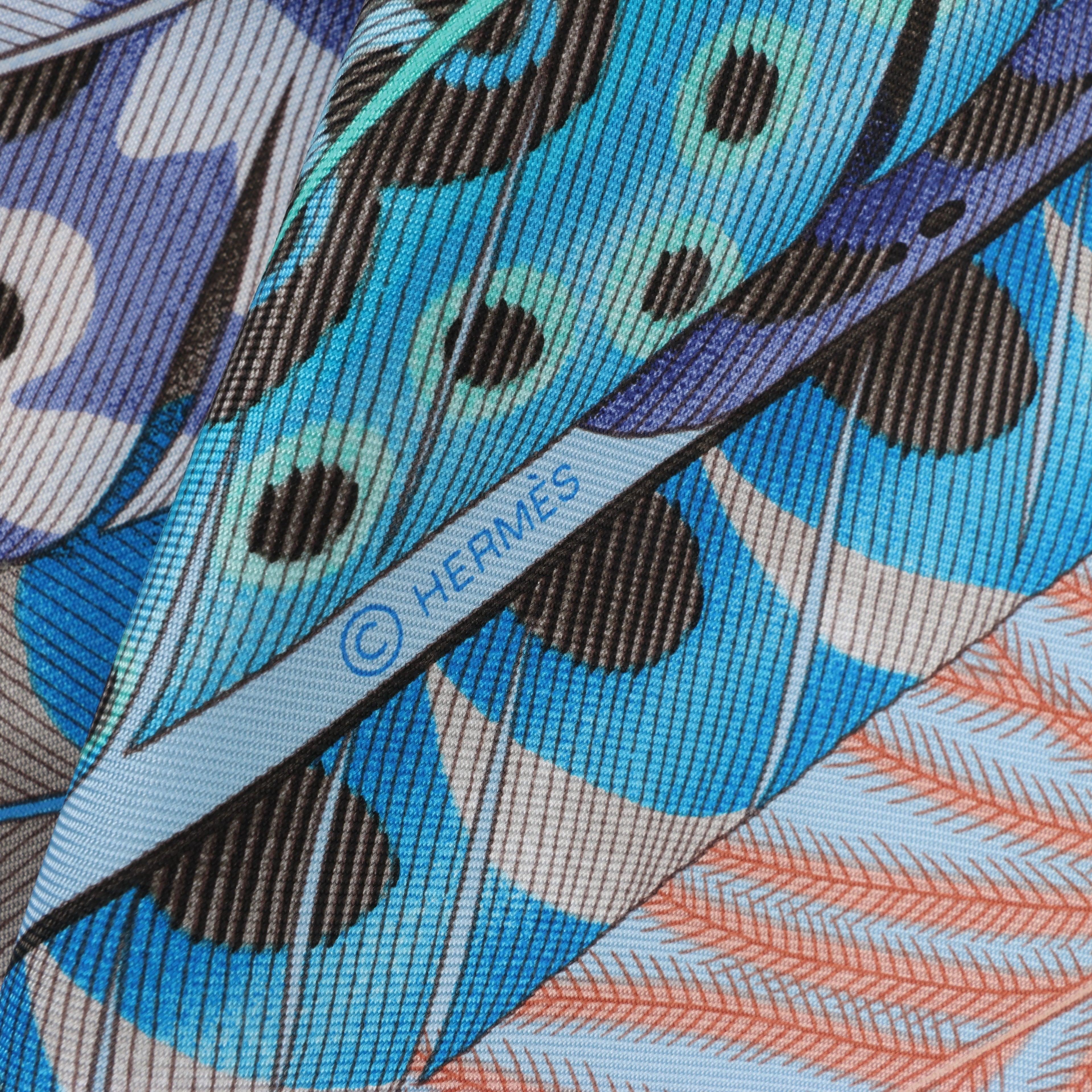 Hermès Carré 90 "PLUMES EN FETE" 100% Silk Scarf in Blue