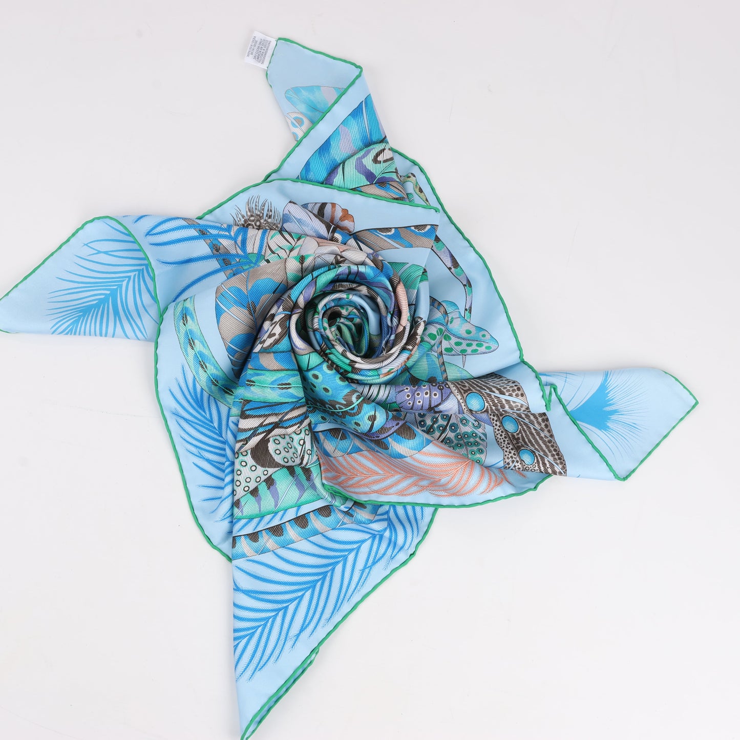 Hermès Carré 90 "PLUMES EN FETE" 100% Silk Scarf in Blue