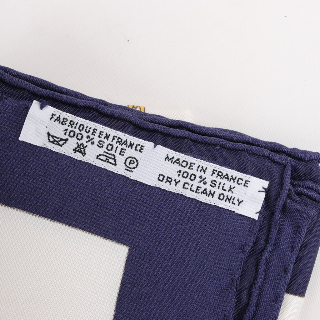 Hermès Carré 90 "KOSMIMA " 100% Silk Scarf in Navy x Beige
