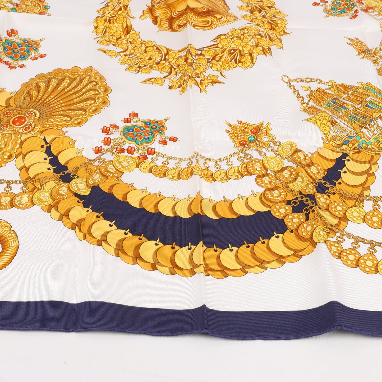 Hermès Carré 90 "KOSMIMA " 100% Silk Scarf in Navy x Beige