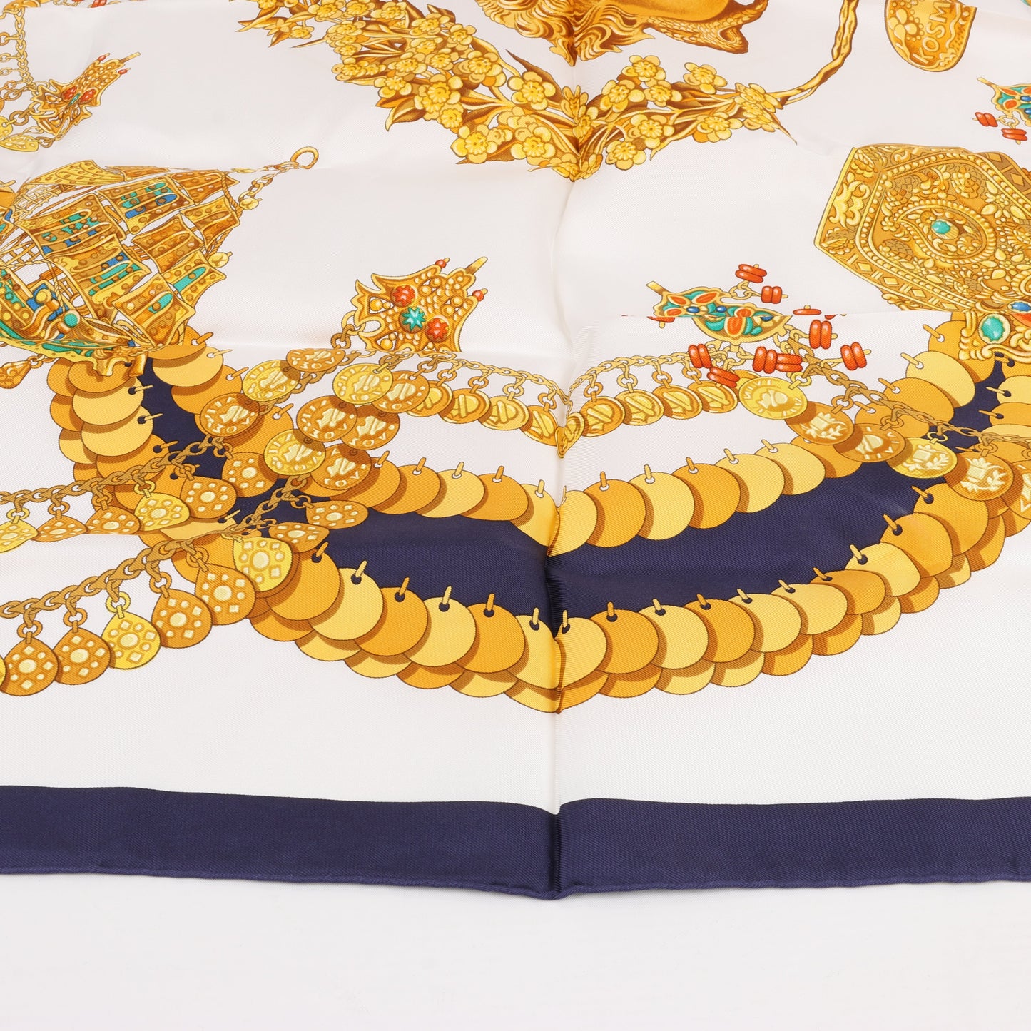 Hermès Carré 90 "KOSMIMA " 100% Silk Scarf in Navy x Beige