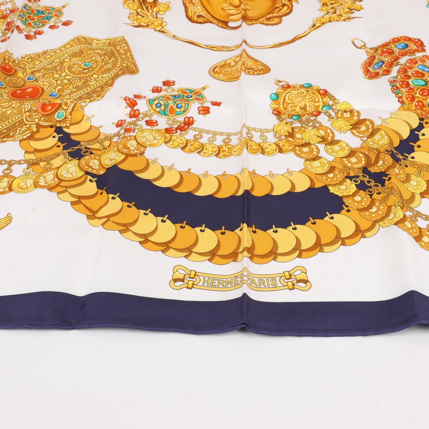 Hermès Carré 90 "KOSMIMA " 100% Silk Scarf in Navy x Beige