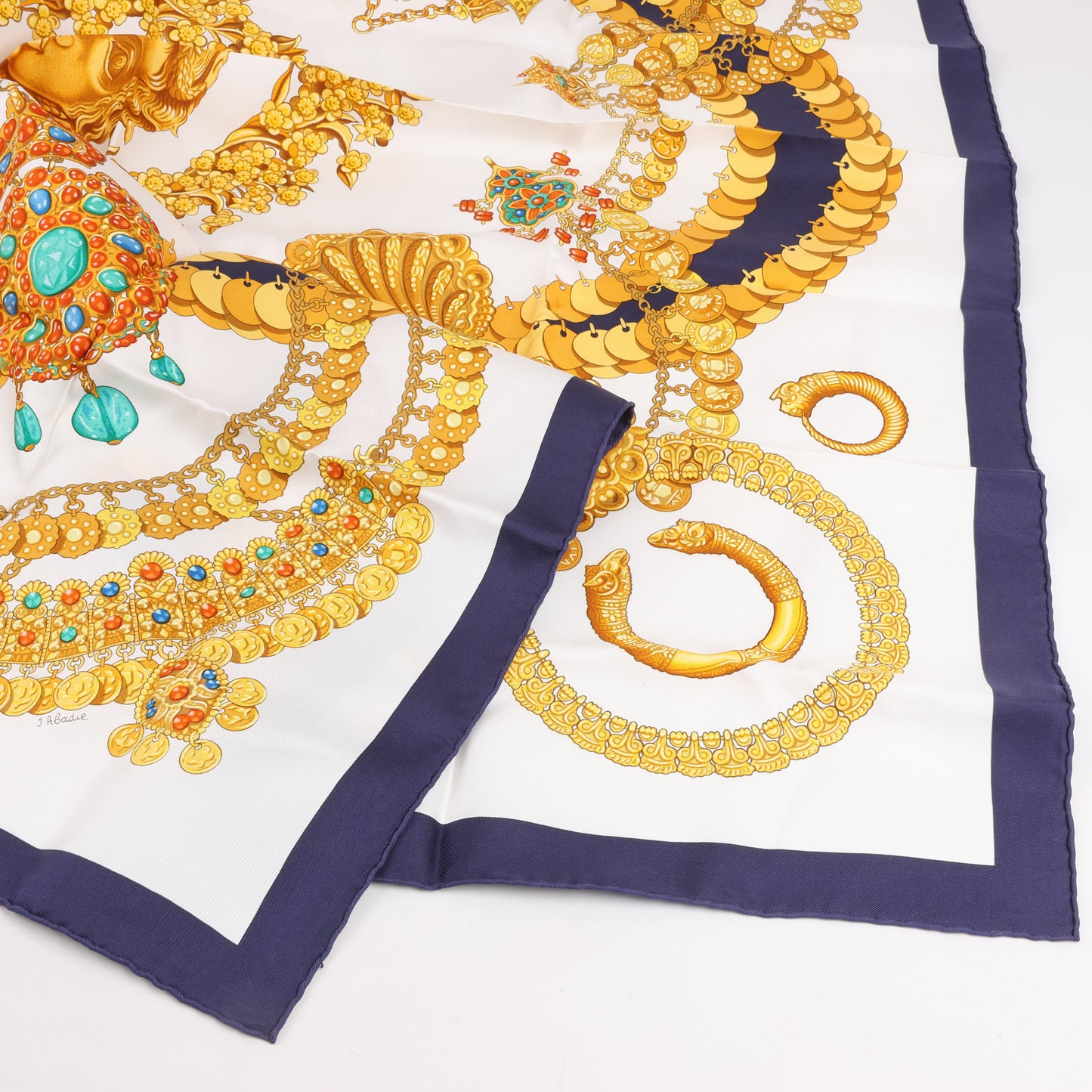 Hermès Carré 90 "KOSMIMA " 100% Silk Scarf in Navy x Beige