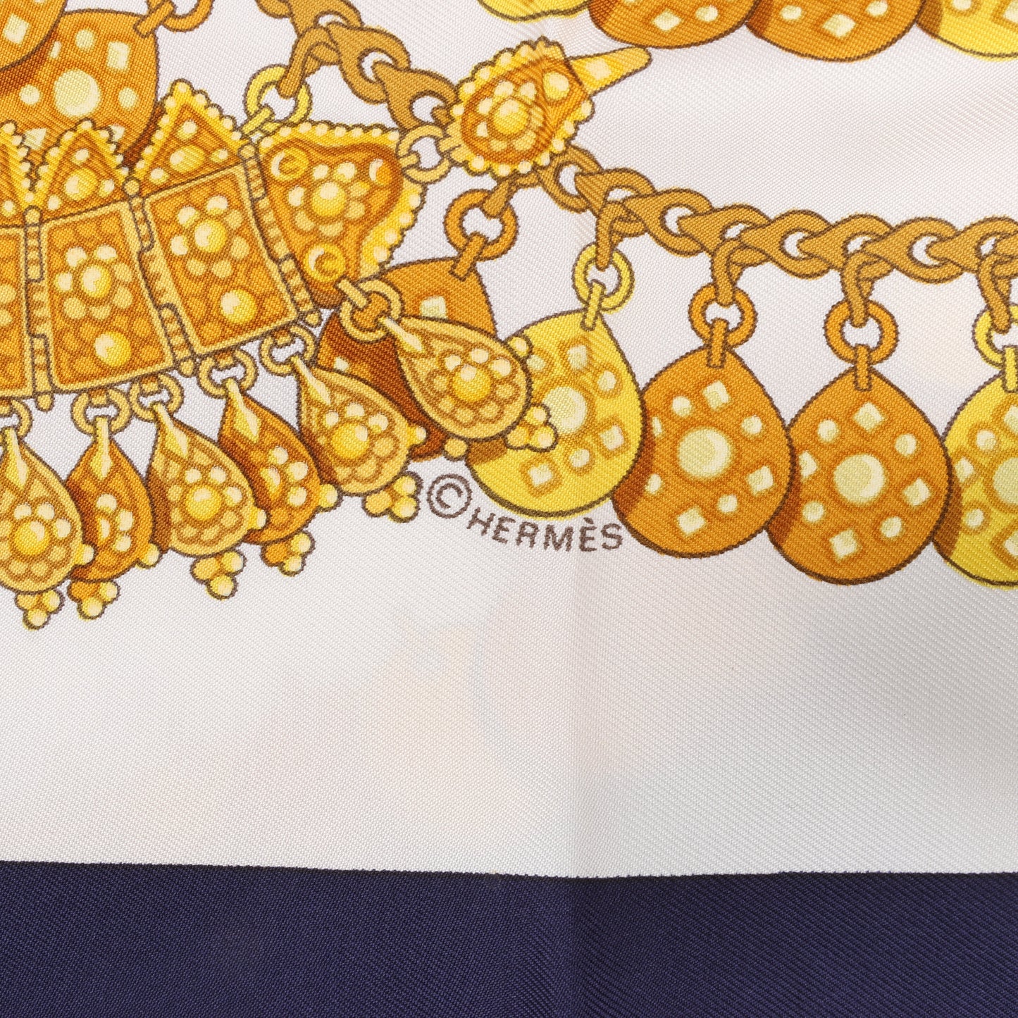 Hermès Carré 90 "KOSMIMA " 100% Silk Scarf in Navy x Beige