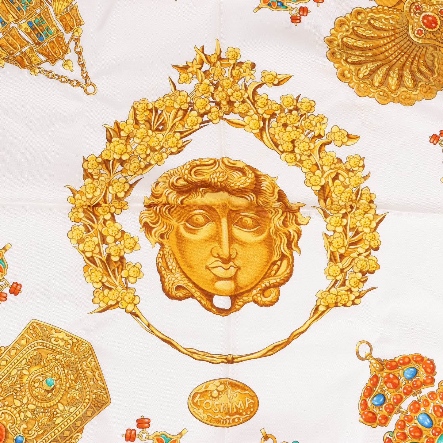 Hermès Carré 90 "KOSMIMA " 100% Silk Scarf in Navy x Beige