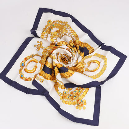 Hermès Carré 90 "KOSMIMA " 100% Silk Scarf in Navy x Beige