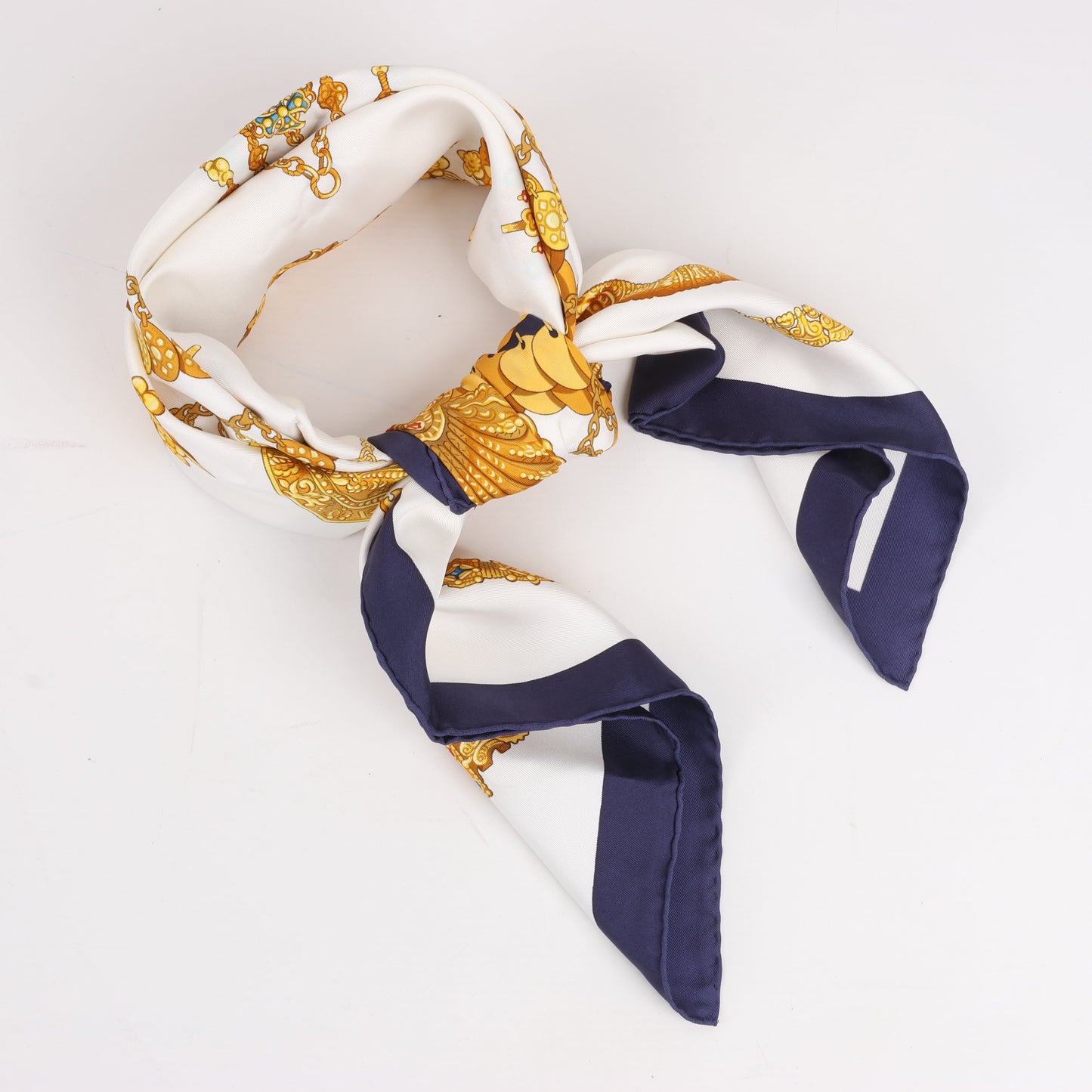 Hermès Carré 90 "KOSMIMA " 100% Silk Scarf in Navy x Beige
