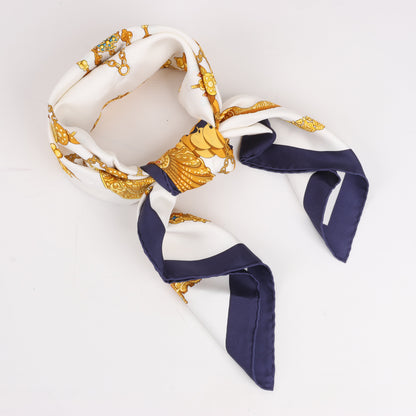 Hermès Carré 90 "KOSMIMA " 100% Silk Scarf in Navy x Beige