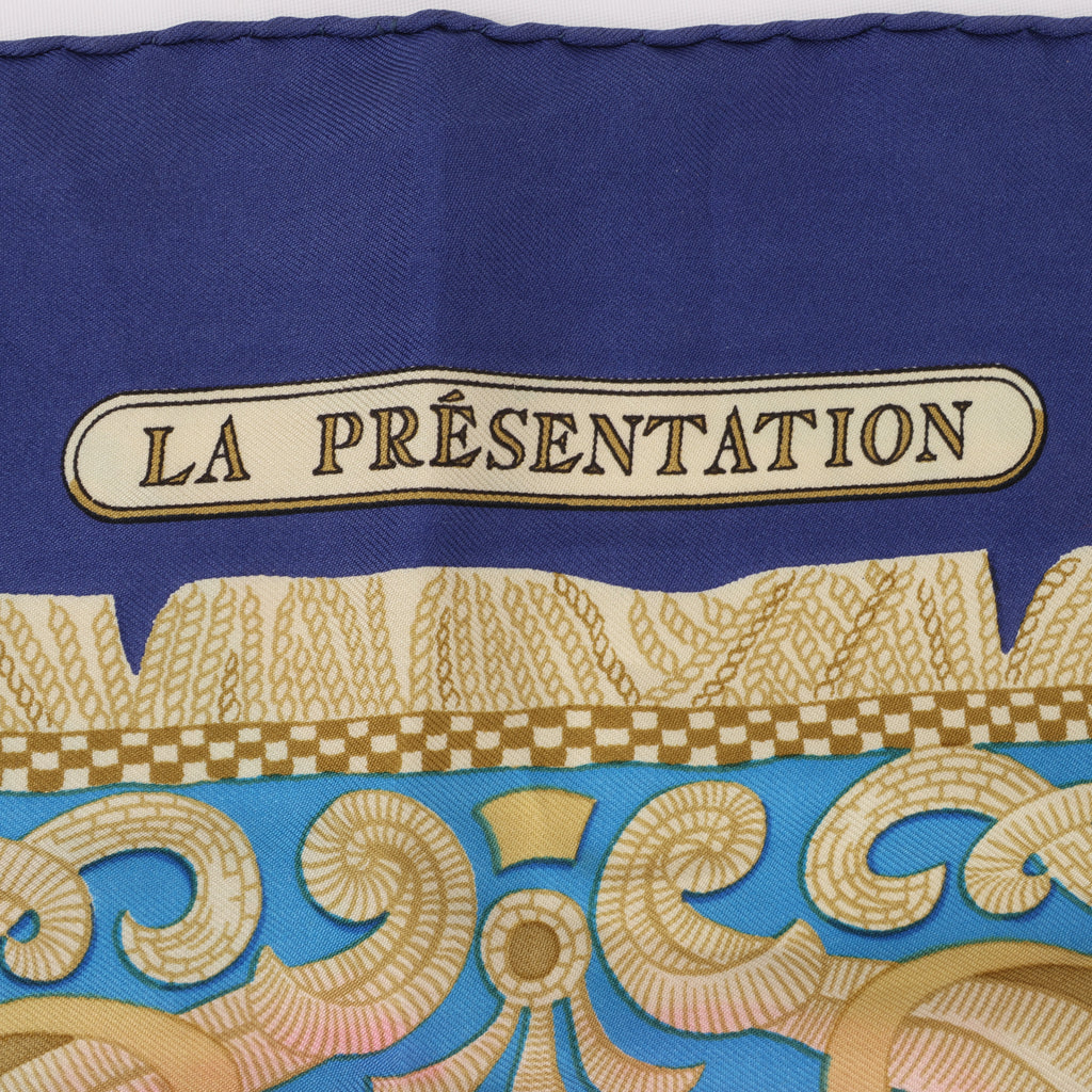 Hermès Carré 90 "LA PRESENTATION" Silk handkerchief in Navy Blue