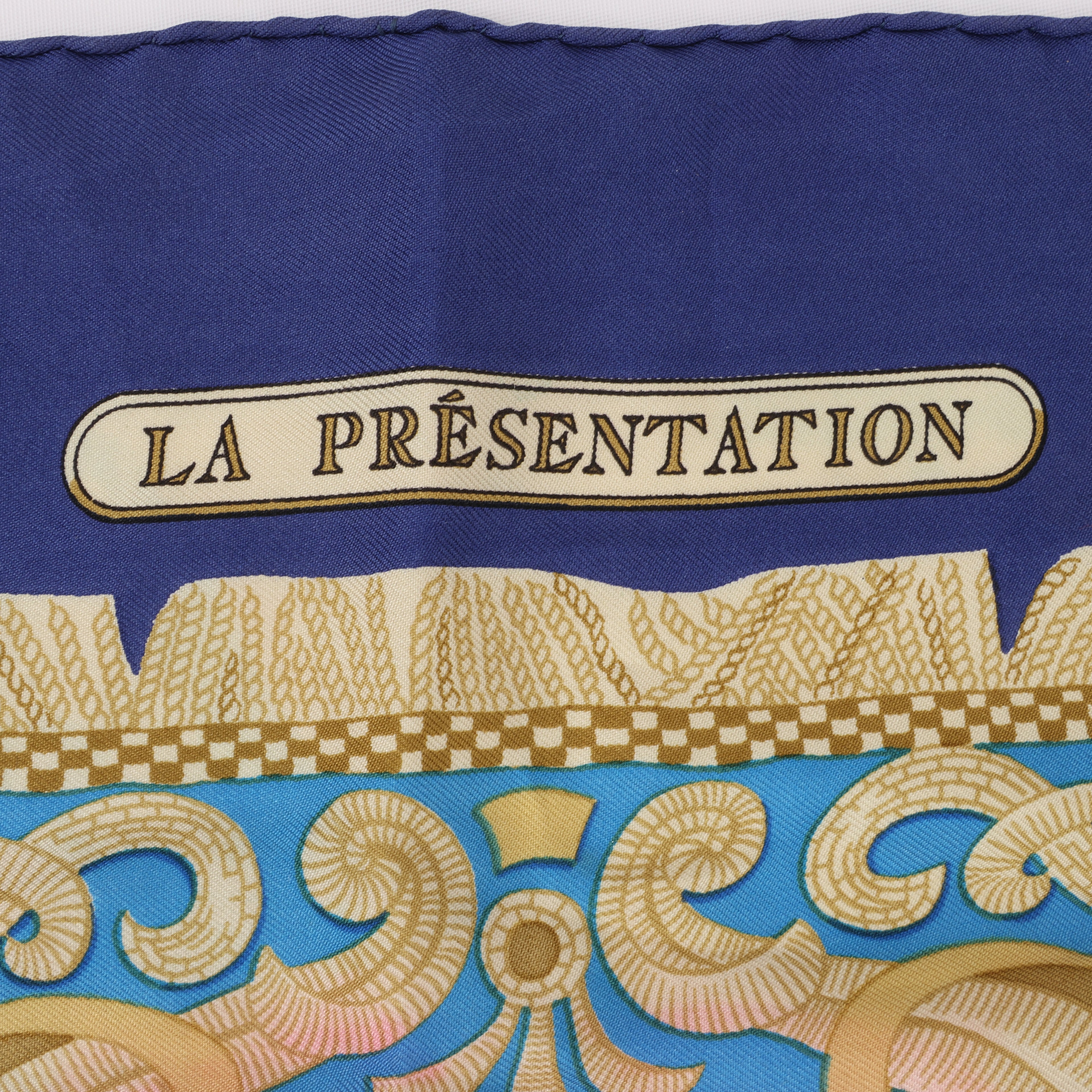 Hermès Carré 90 "LA PRESENTATION" Silk handkerchief in Navy Blue