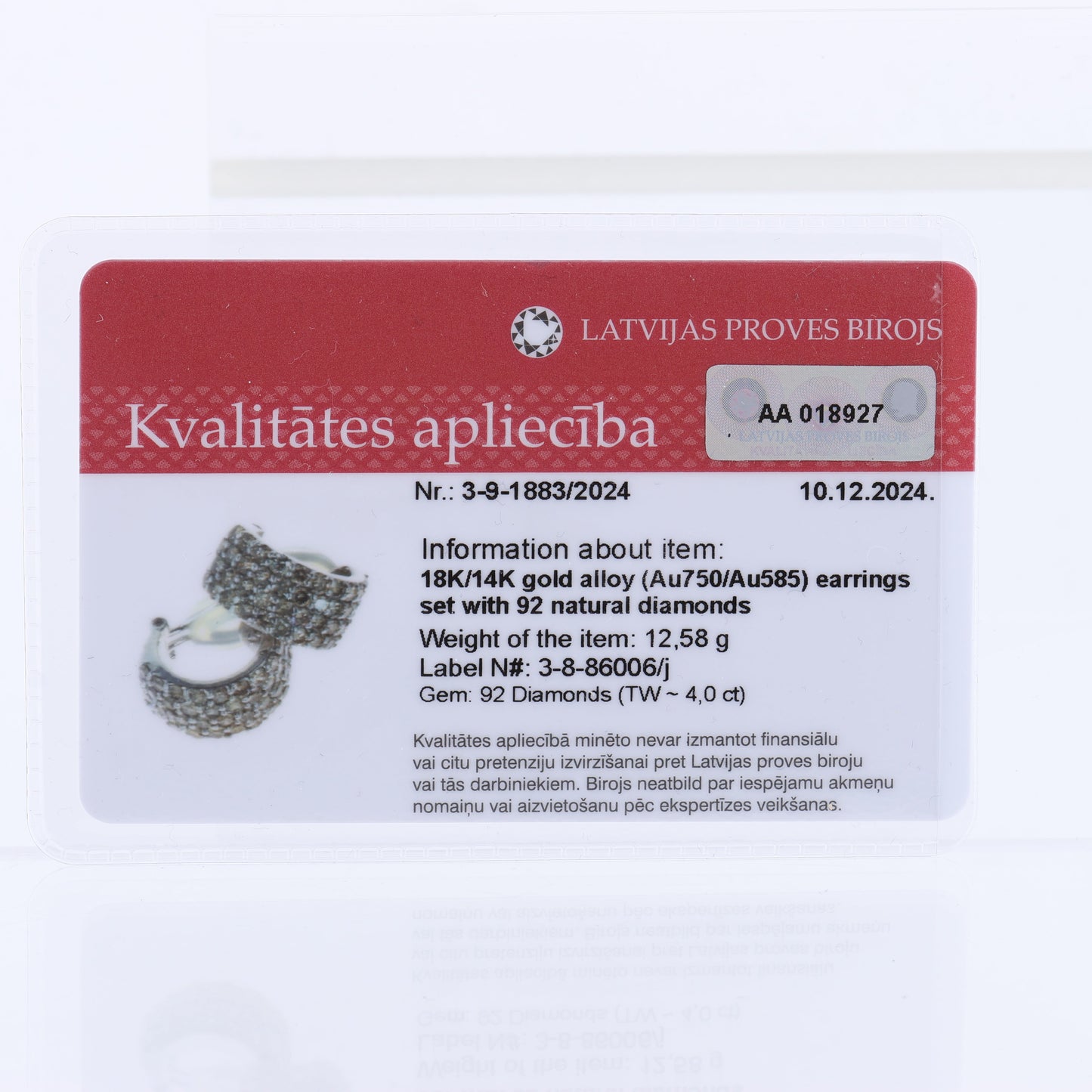 Non Signe / Unsigned Diamond Earrings K18WG 12.5g 2.00/2.00 ct