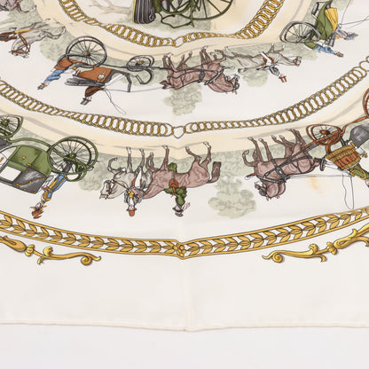 Hermès Carré 90 „LA PROMENADE DE LONGCHAMPS“ Schal aus 100 % Seide in Ecru
