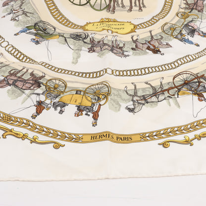 Hermès Carré 90 „LA PROMENADE DE LONGCHAMPS“ Schal aus 100 % Seide in Ecru