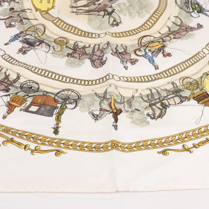 Hermès Carré 90 „LA PROMENADE DE LONGCHAMPS“ Schal aus 100 % Seide in Ecru