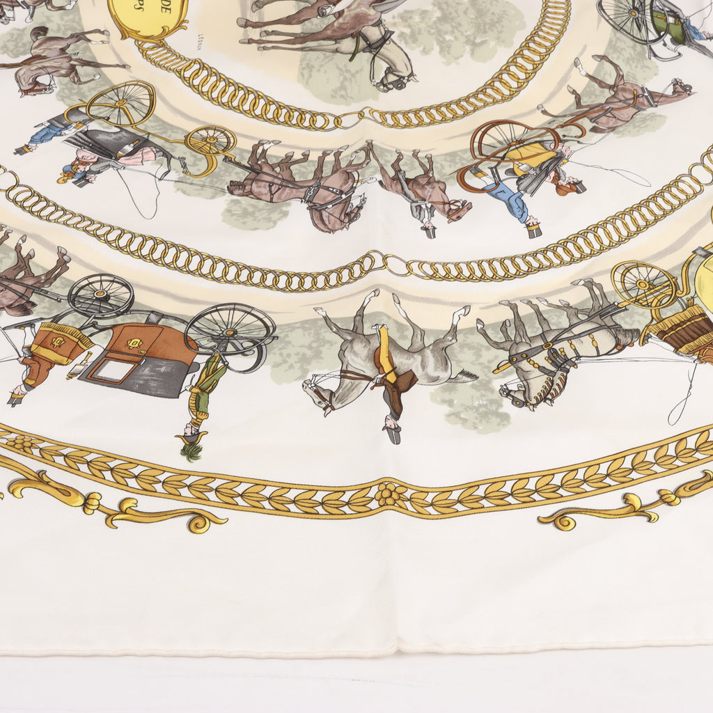 Hermès Carré 90 "LA PROMENADE DE LONGCHAMPS" 100% Silk Scarf in Ecru