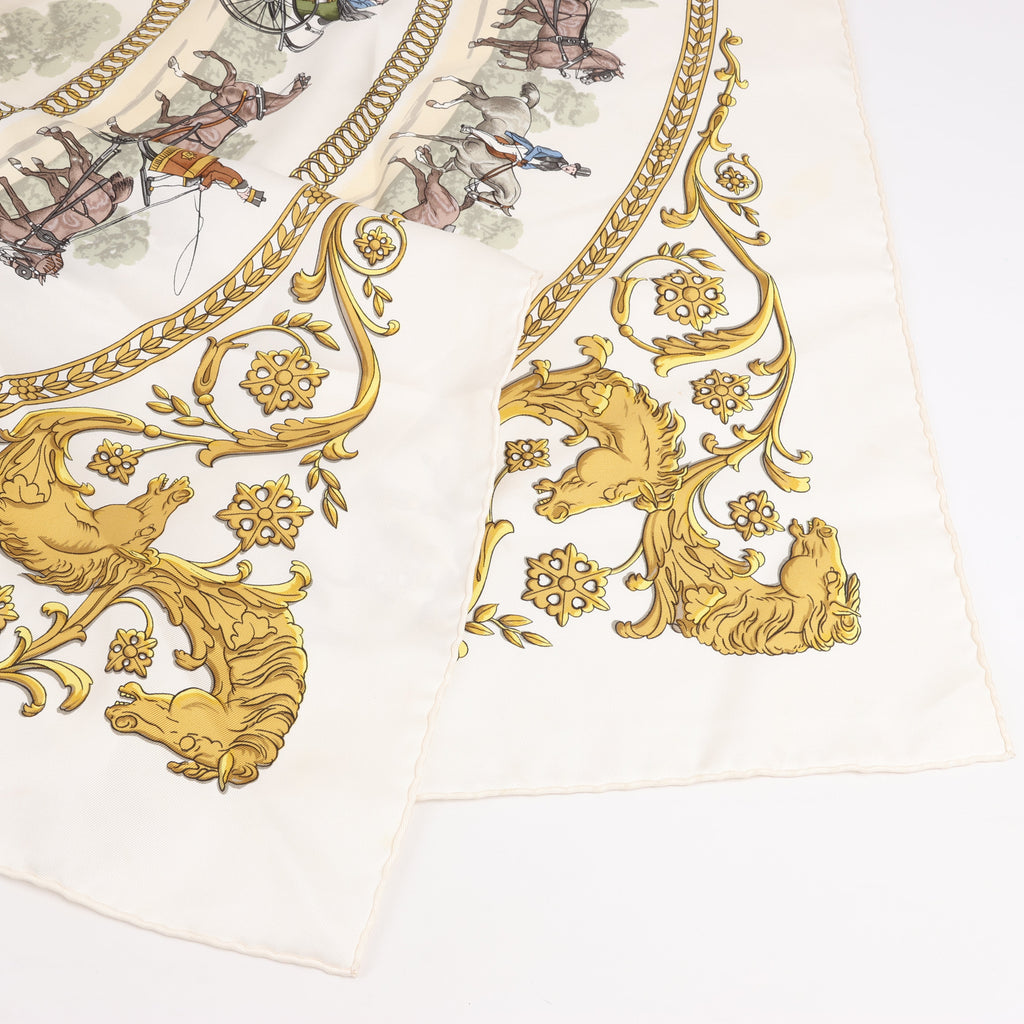 Hermès Carré 90 "LA PROMENADE DE LONGCHAMPS" 100% Silk Scarf in Ecru