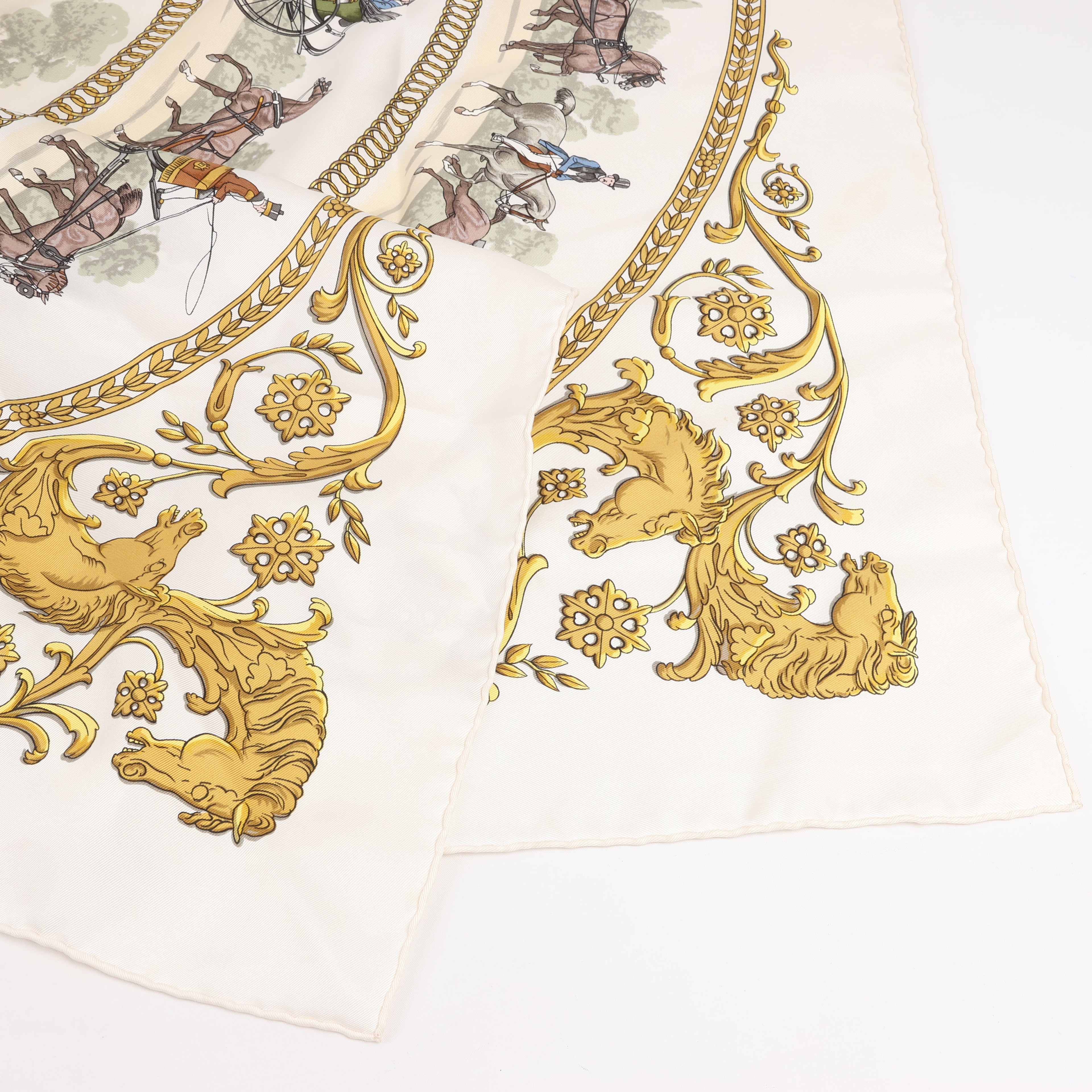 Hermès Carré 90 "LA PROMENADE DE LONGCHAMPS" 100% Silk Scarf in Ecru