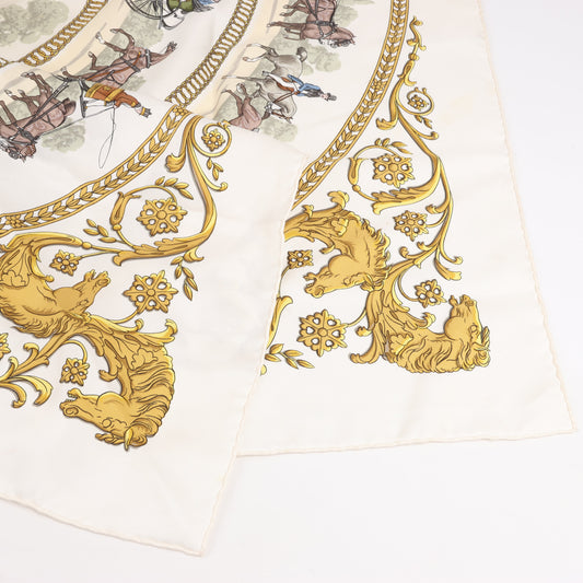 Hermès Carré 90 "LA PROMENADE DE LONGCHAMPS" Foulard 100% Soie en Écru