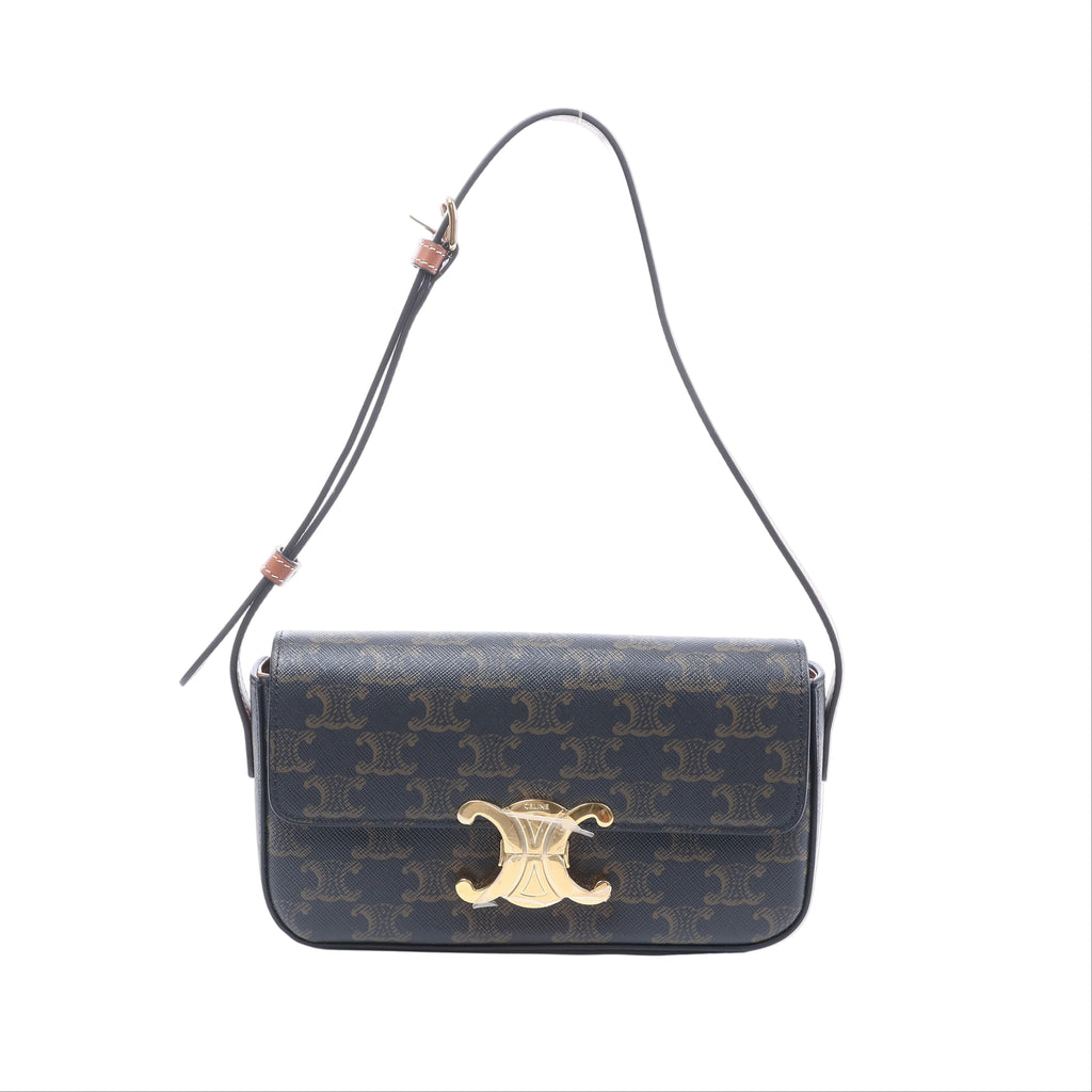 Brown Celine Triomphe Claude monogram shoulder bag with gold-tone Triomphe clasp and slim adjustable leather strap.