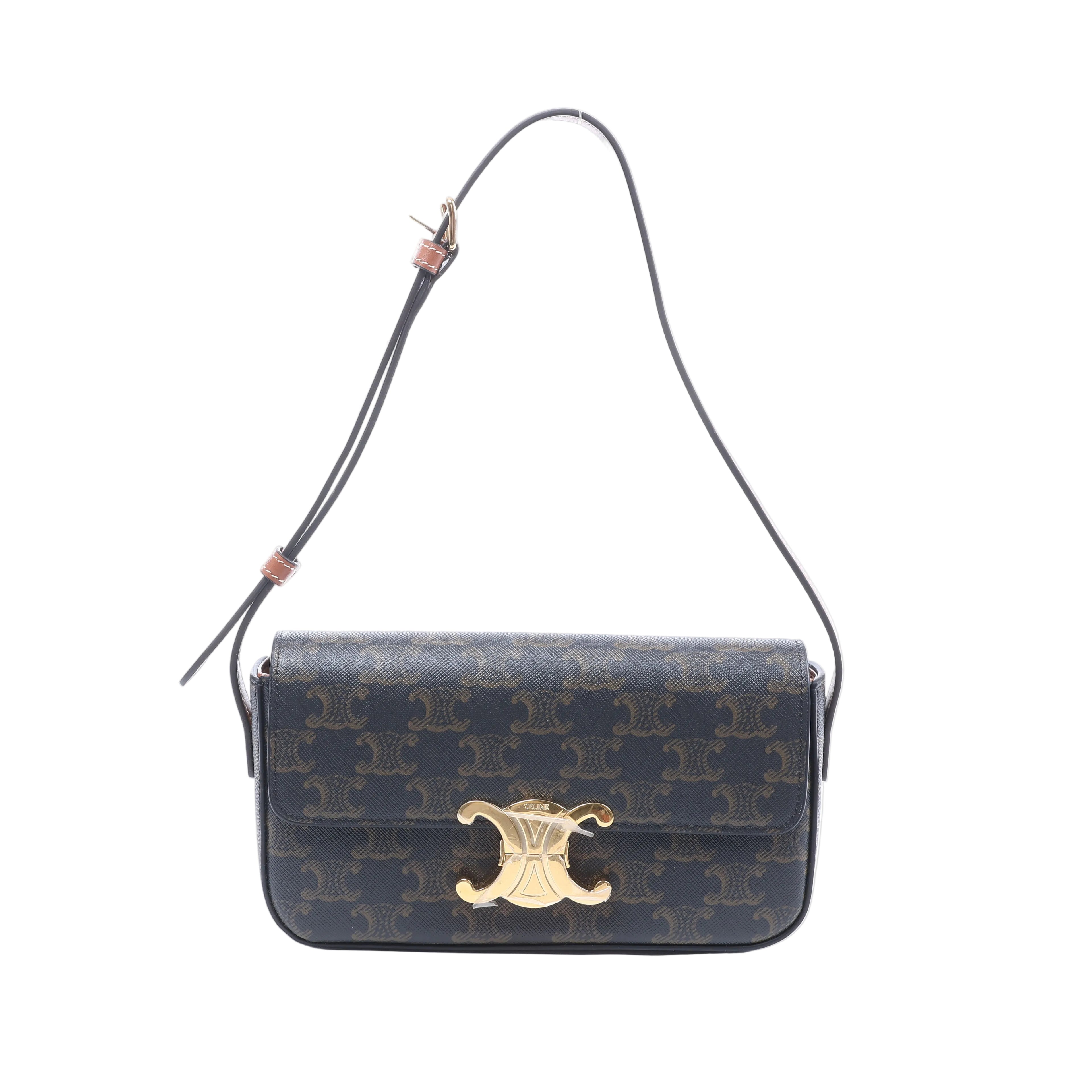 Brown Celine Triomphe Claude monogram shoulder bag with gold-tone Triomphe clasp and slim adjustable leather strap.
