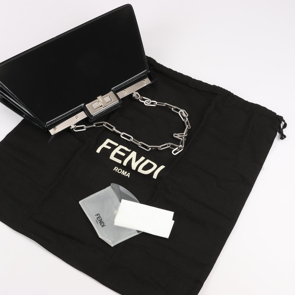 Fendi Peekaboo Cuts Patent Leather Chain Shoulder Bag in Black 8BN340