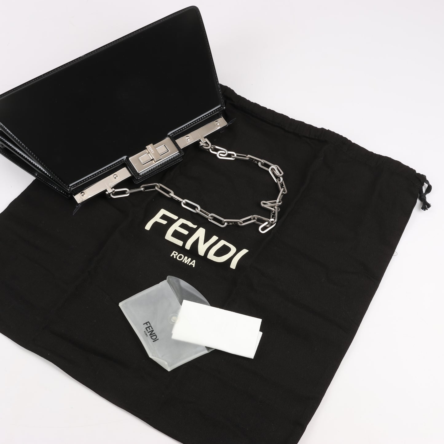 Fendi Peekaboo Cuts Patent Leather Chain Shoulder Bag in Black 8BN340