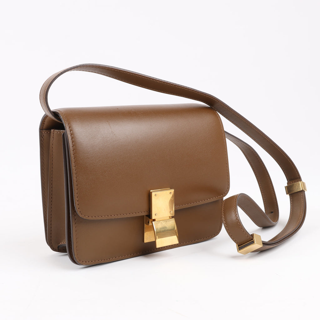 Bolso de hombro pequeño de piel Celine Classic Box en marrón