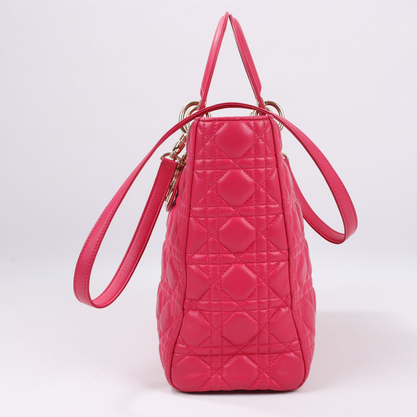 Grand sac à main double usage en cuir rose Christian Dior Lady Dior Cannage
