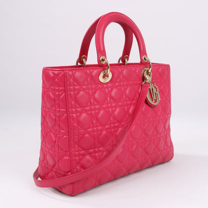 Grand sac à main double usage en cuir rose Christian Dior Lady Dior Cannage