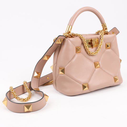 Sac à main 3 compartiments en cuir Roman Studs Valentino Garavani beige poudré