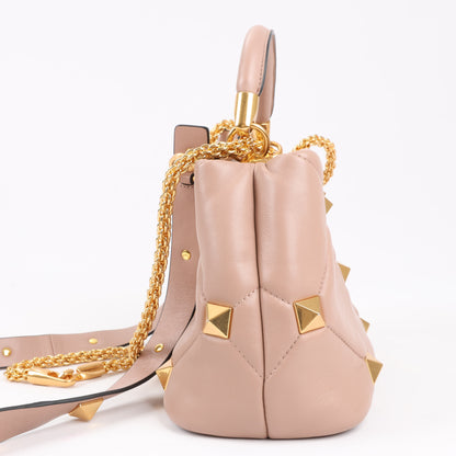 Sac à main 3 compartiments en cuir Roman Studs Valentino Garavani beige poudré