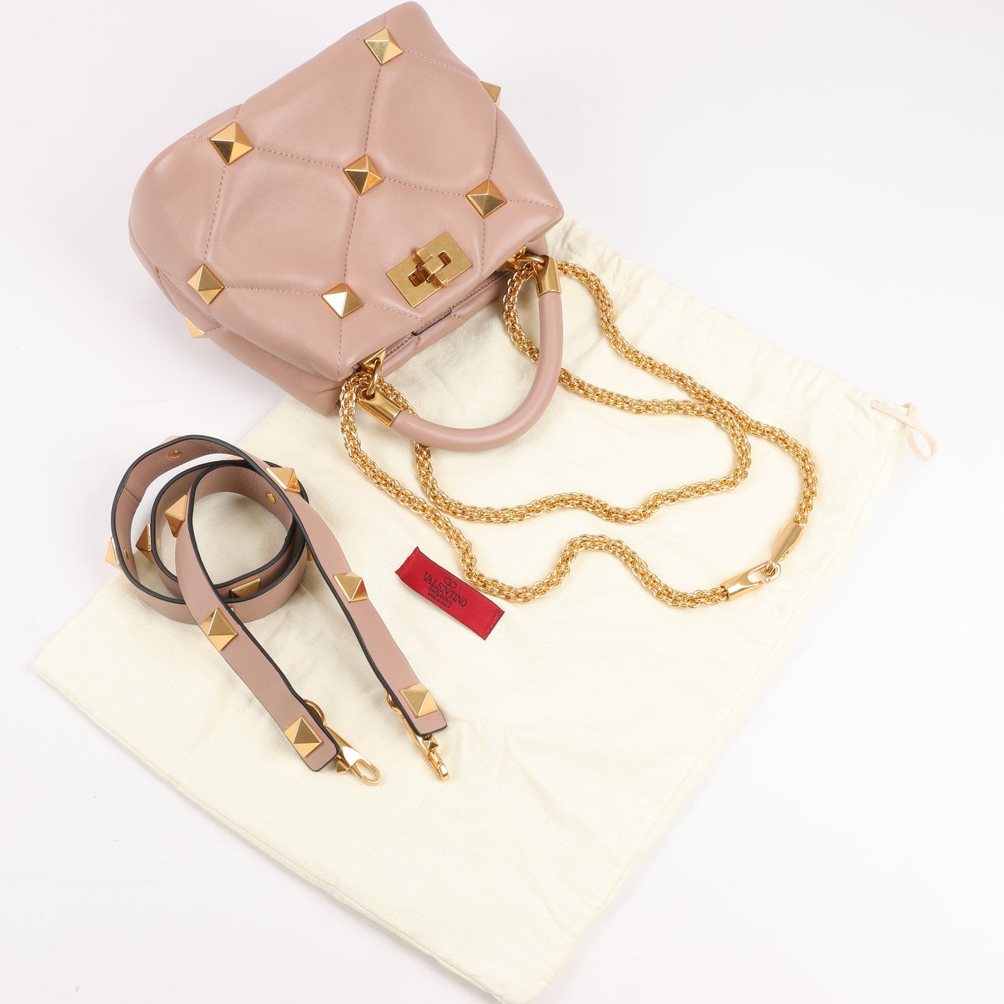 Sac à main 3 compartiments en cuir Roman Studs Valentino Garavani beige poudré