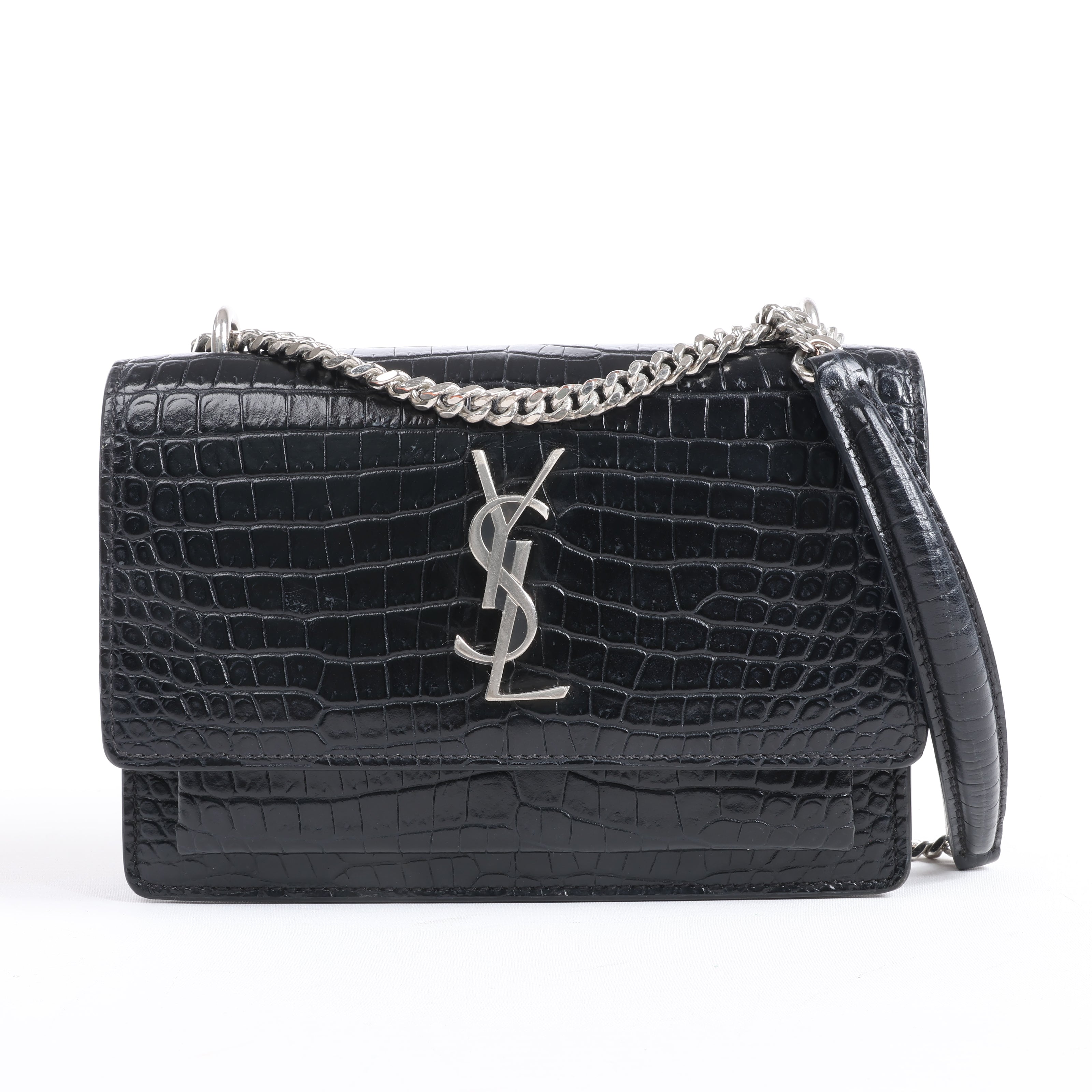 Saint Laurent Paris Sunset Mock Croc Shoulder Bag in Black