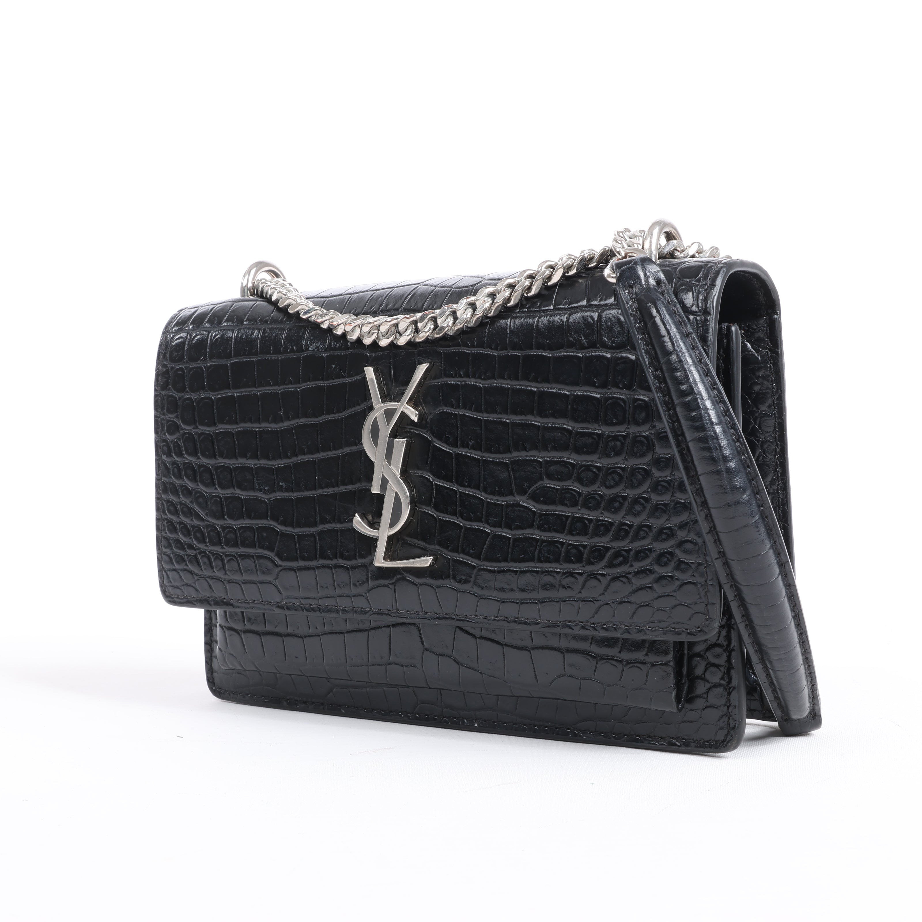 Saint Laurent Paris Sunset Mock Croc Shoulder Bag in Black