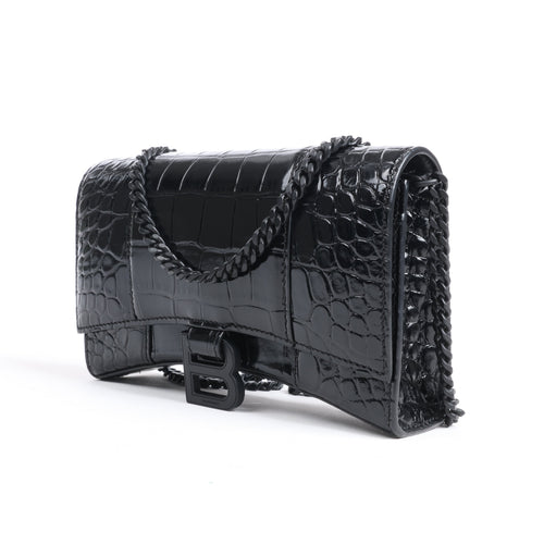 Bolso de hombro Balenciaga Hourglass Mock Croc en negro