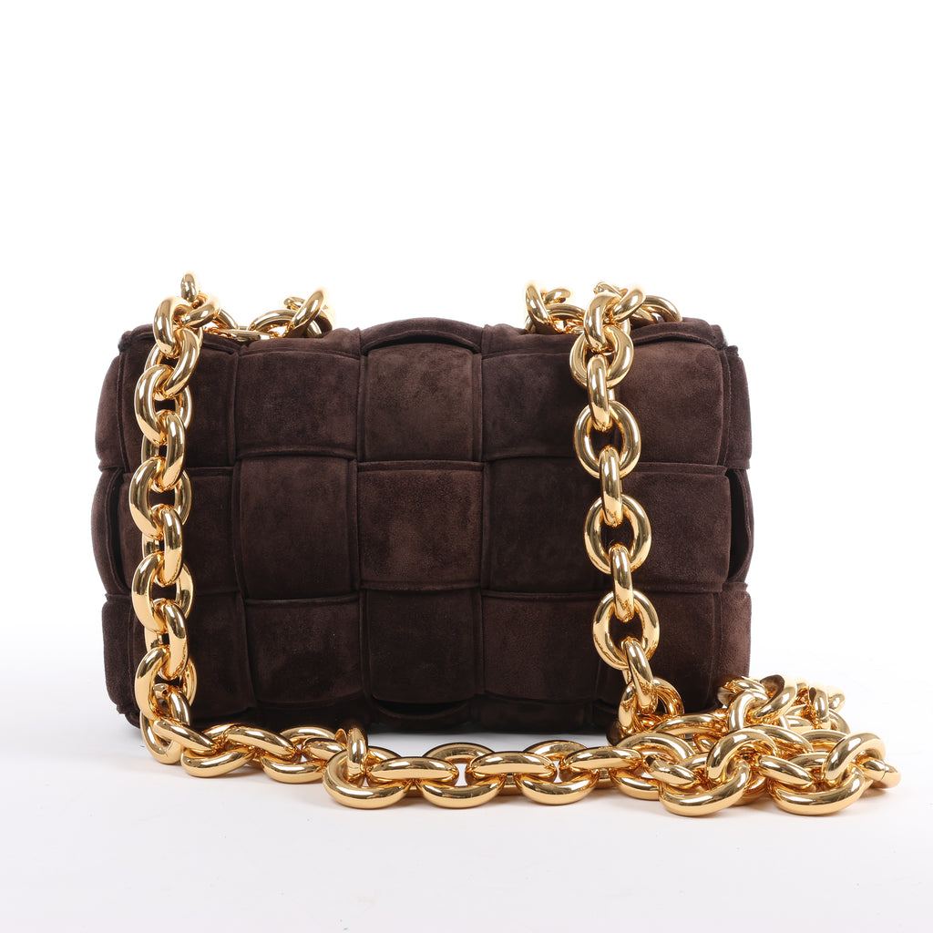Bottega Veneta Padded Chain Cassette Maxi Intrecciato Suede Shoulder Bag in Brown