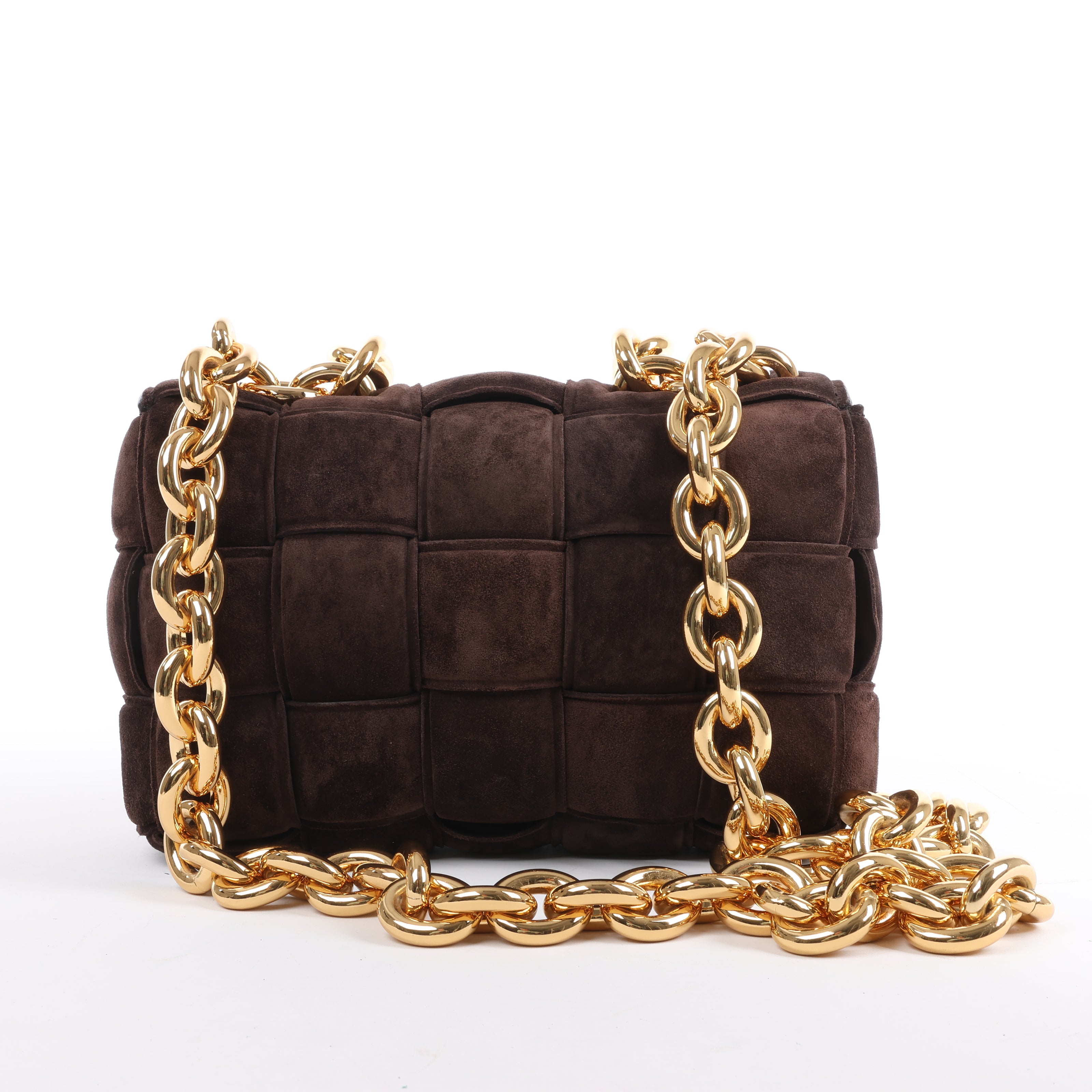 Bottega Veneta Padded Chain Cassette Maxi Intrecciato Suede Shoulder Bag in Brown