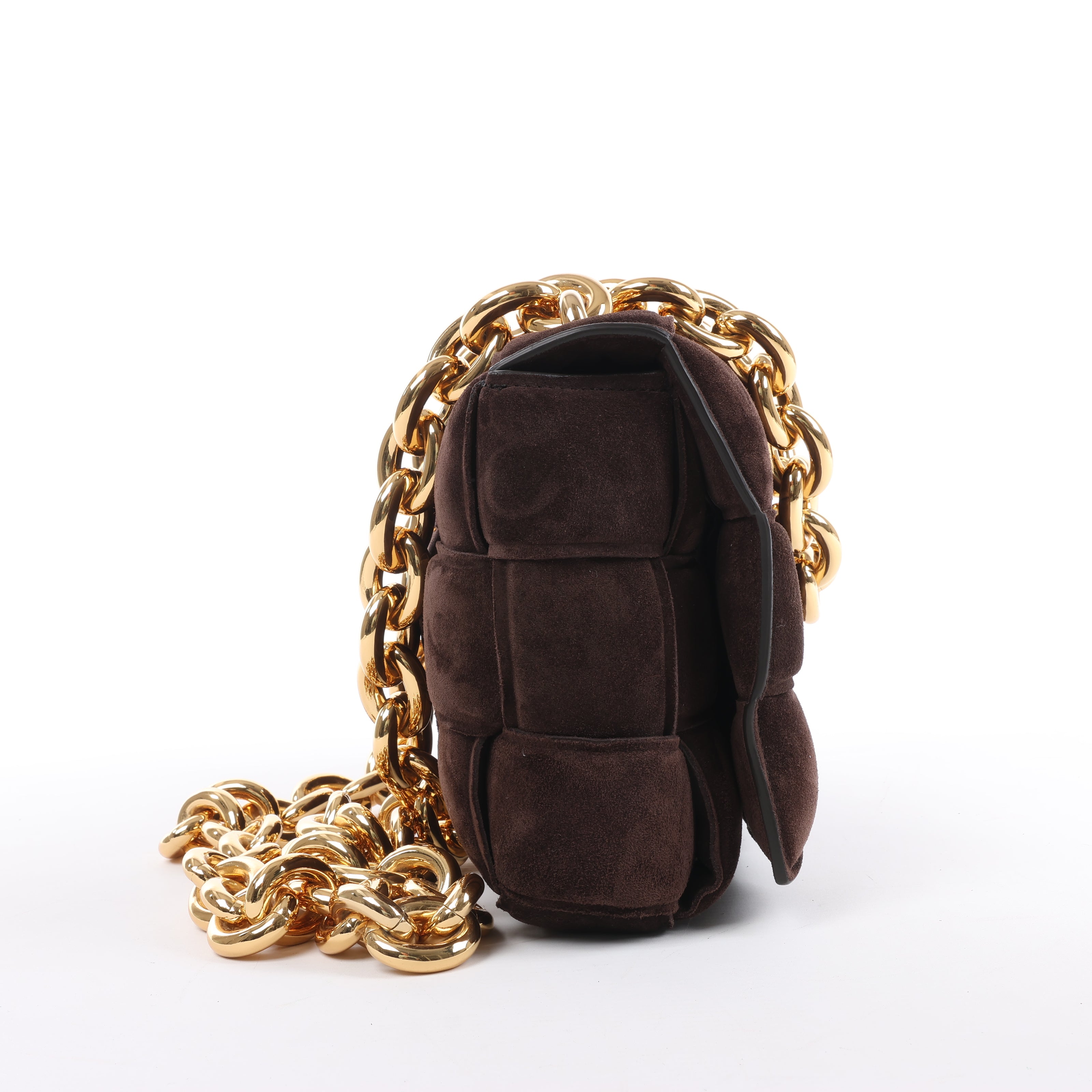 Bottega Veneta Padded Chain Cassette Maxi Intrecciato Suede Shoulder Bag in Brown