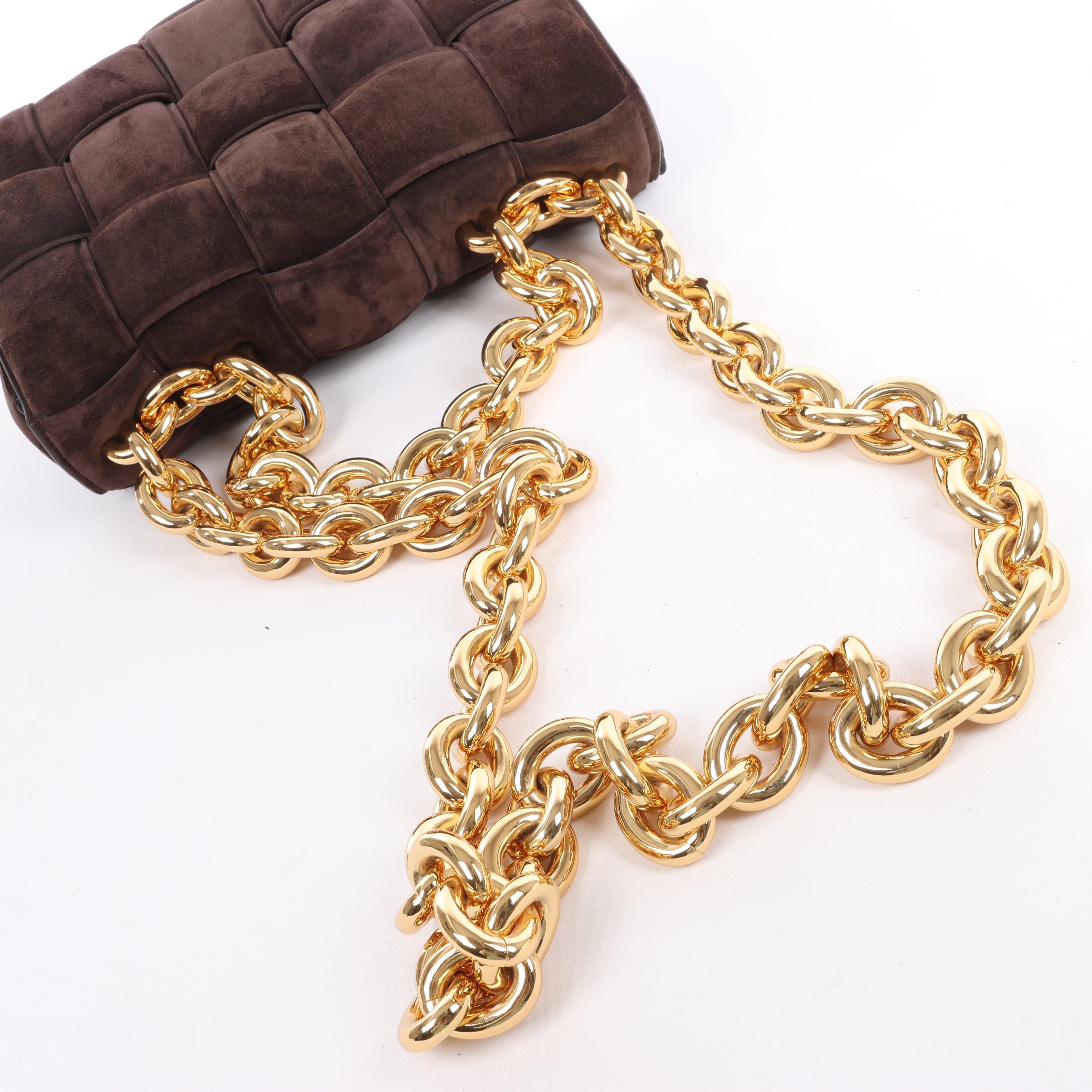 Bottega Veneta Padded Chain Cassette Maxi Intrecciato Suede Shoulder Bag in Brown