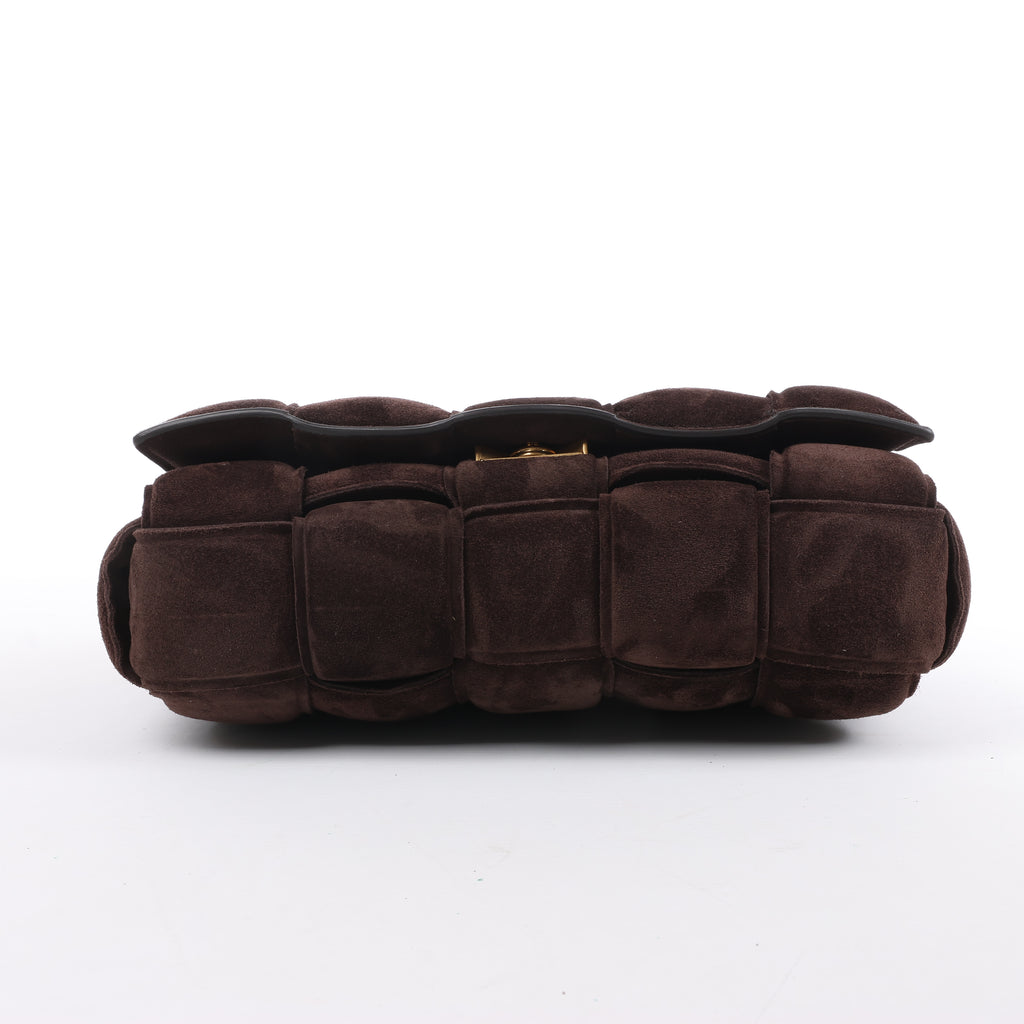 Bottega Veneta Padded Chain Cassette Maxi Intrecciato Suede Shoulder Bag in Brown