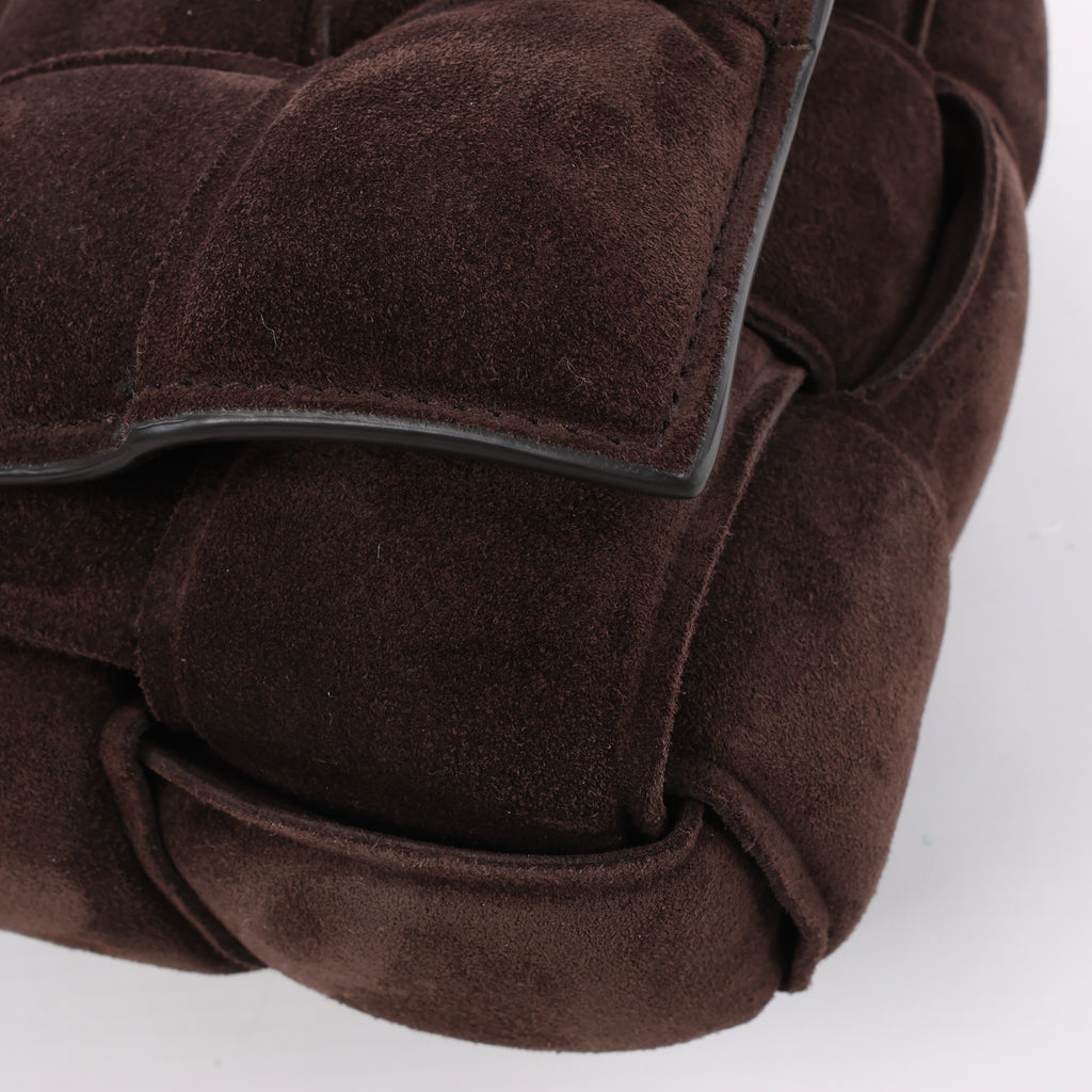 Bottega Veneta Padded Chain Cassette Maxi Intrecciato Suede Shoulder Bag in Brown